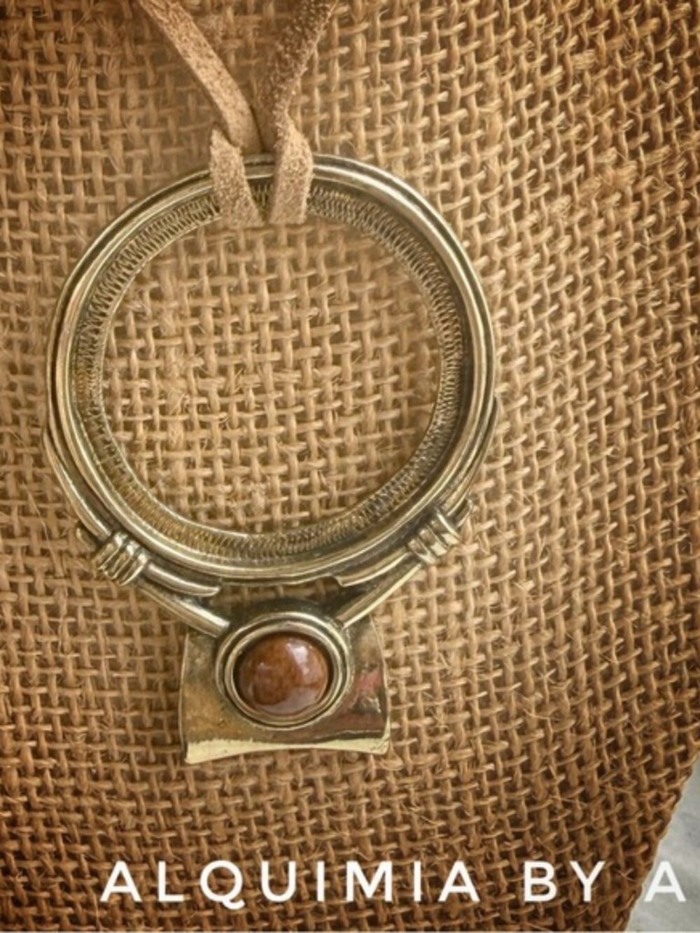 Sculptural Pendant + Mountain Jasper and brown suede